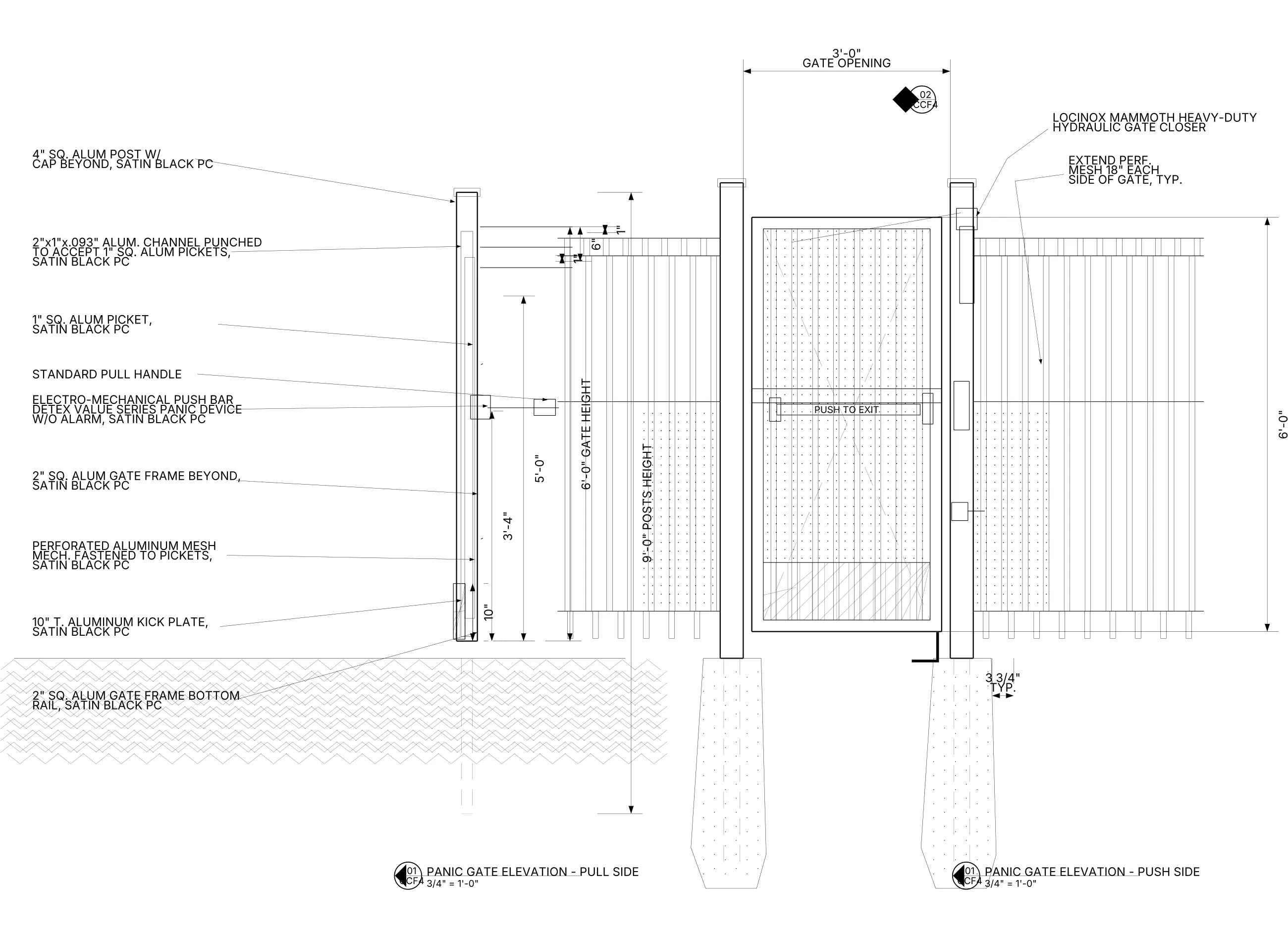 the forgecad-drawn panic gate detail with pull side and push side elevations, dimension strings, and full callouts