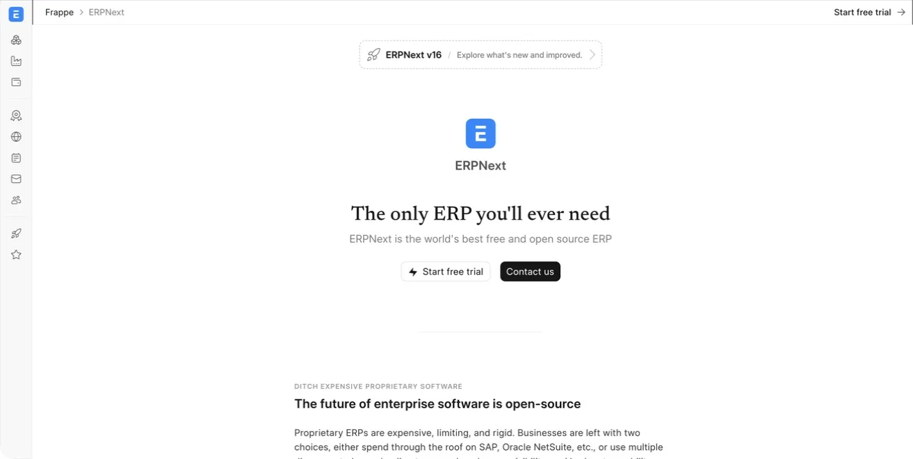 the ERPNext website showing the open-source ERP and its low-code business application foundation